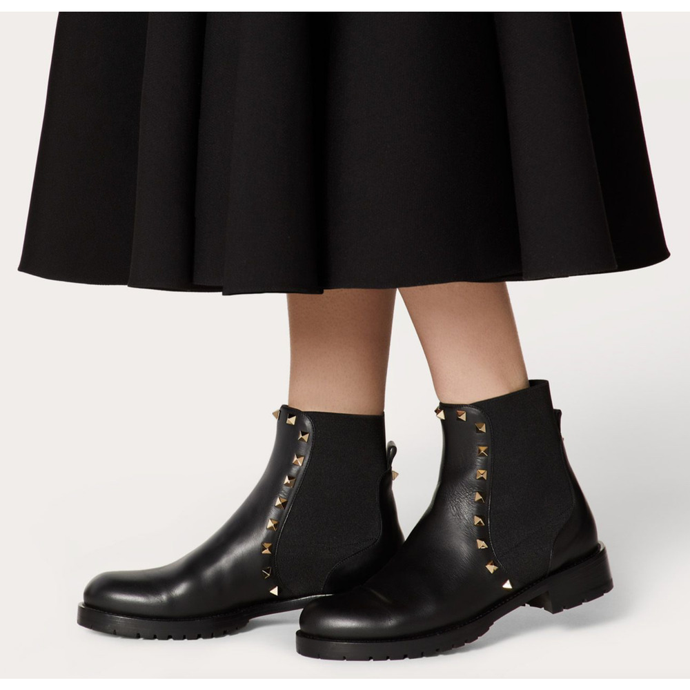 Valentino Rockstud Chelsea 20mm Black Leather Stud Heel Short Ankle Flat Boot 37 - Picture 8 of 12